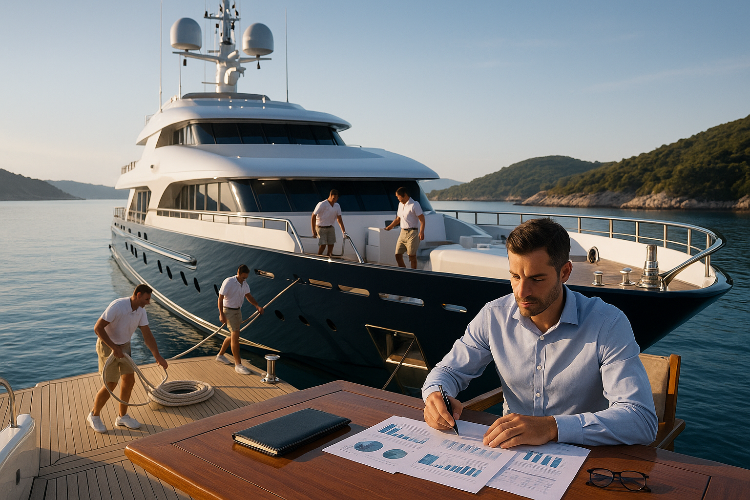 A luxury superyacht anchored in a serene bay with crew members working and a manager overseeing financial documents on deck soft light clear skies